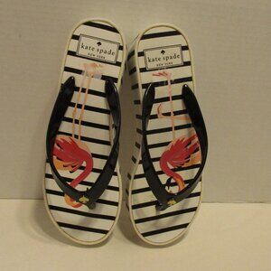Kate Spade Woman Size 7 Black White Pink Graphic Flamingo Flip Flop Sandals